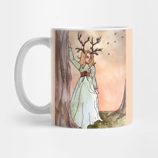 Cottagecore Deer Girl: Mossy Forest at Sunset Mug